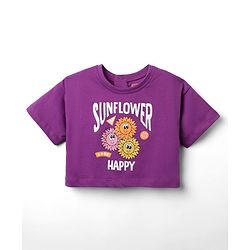 Babyhug Cotton Knit Half Sleeves Crop T-Shirt with Floral Print - Purple