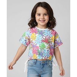 Babyhug Cotton Knit Half Drop Shoulder Sleeves Crop Top with Tropical Theme Print - White
