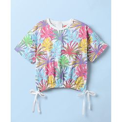 Babyhug Cotton Knit Half Drop Shoulder Sleeves Crop Top with Tropical Theme Print - White