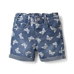 Babyhug Twill Denim Mid Thigh Shorts With Stretch Butterfly Print - Navy Blue