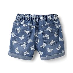 Babyhug Twill Denim Mid Thigh Shorts With Stretch Butterfly Print - Navy Blue