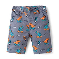 Babyhug Twill Mid Thigh Shorts With Stretch & Dino Print - Dark Grey