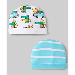 Babyhug 100% Cotton Interlock Knit Caps With Vehicle & Stripes Print Pack Of 2 Light Blue & White - Diameter 15.5 cm