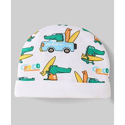 Babyhug 100% Cotton Interlock Knit Caps With Vehicle & Stripes Print Pack Of 2 Light Blue & White - Diameter 15.5 cm