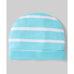 Babyhug 100% Cotton Interlock Knit Caps With Vehicle & Stripes Print Pack Of 2 Light Blue & White - Diameter 15.5 cm