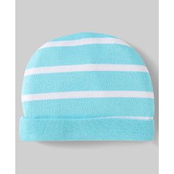 Babyhug 100% Cotton Interlock Knit Caps With Vehicle & Stripes Print Pack Of 2 Light Blue & White - Diameter 15.5 cm