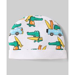 Babyhug 100% Cotton Interlock Knit Caps With Vehicle & Stripes Print Pack Of 2 Light Blue & White - Diameter 15.5 cm