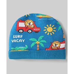 Babyhug 100% Cotton Interlock Knit Caps With Stripes & Tropical Theme Pack Of 2 Yellow & Blue - Diameter 17 cm