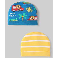Babyhug 100% Cotton Interlock Knit Caps With Stripes & Tropical Theme Pack Of 2 Yellow & Blue - Diameter 17 cm