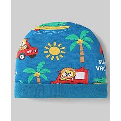 Babyhug 100% Cotton Interlock Knit Caps With Stripes & Tropical Theme Pack Of 2 Yellow & Blue - Diameter 17 cm