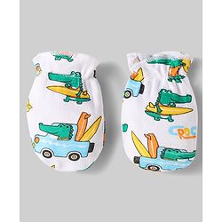 Babyhug 100% Cotton Mittens & Booties Set With Vehicle Print Pack Of 2 - White