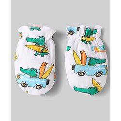 Babyhug 100% Cotton Mittens & Booties Set With Vehicle Print Pack Of 2 - White