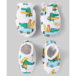 Babyhug 100% Cotton Mittens & Booties Set With Vehicle Print Pack Of 2 - White