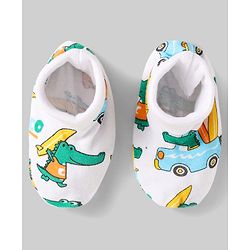 Babyhug 100% Cotton Mittens & Booties Set With Vehicle Print Pack Of 2 - White