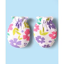 Babyhug 100% Cotton Knit Mittens And Booties with Floral Print - White