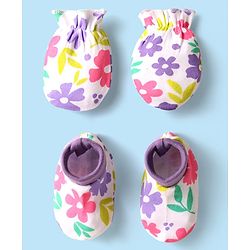 Babyhug 100% Cotton Knit Mittens And Booties with Floral Print - White