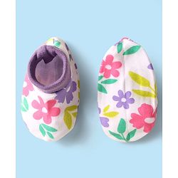 Babyhug 100% Cotton Knit Mittens And Booties with Floral Print - White