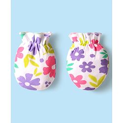 Babyhug 100% Cotton Knit Mittens And Booties with Floral Print - White