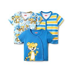 Babyhug 100% Cotton Knit Half Sleeves Striped & Animal Printed Front Open jhablas Pack of 3 - Blue White & Yellow
