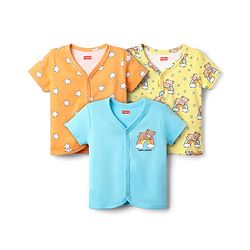 Babyhug 100% Cotton Knit Half Sleeves Animal & Star Printed Front Open jhablas Pack of 3 - Light Blue Orange & Yellow