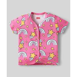 Babyhug 100% Cotton Interlock Knit Front Open Half Sleeves jhablas With Star & Rainbow Print Pack Of 3 - Pink Light Blue & Yellow