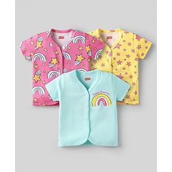 Babyhug 100% Cotton Interlock Knit Front Open Half Sleeves jhablas With Star & Rainbow Print Pack Of 3 - Pink Light Blue & Yellow