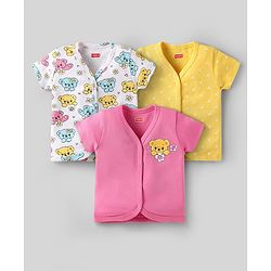 Babyhug 100% Cotton Interlock Knit Front Open Half Sleeves jhablas With Bear & Polka Dots Print Pack Of 3 - Pink Yellow & White