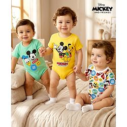 Babyhug Disney Interlock Knit Half Sleeves Oneises With Mickey Mouse And Family Graphic Pack Of 3 - Light Green White & Yellow