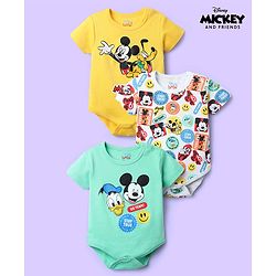 Babyhug Disney Interlock Knit Half Sleeves Oneises With Mickey Mouse And Family Graphic Pack Of 3 - Light Green White & Yellow