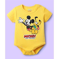 Babyhug Disney Interlock Knit Half Sleeves Oneises With Mickey Mouse And Family Graphic Pack Of 3 - Light Green White & Yellow