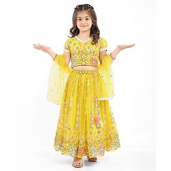 Babyhug Woven Half Sleeves Choli Lehenga Set And Dupatta With Sequin Floral Embroidery & Lace Detailing - Yellow