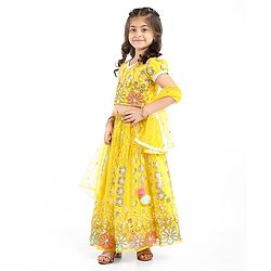 Babyhug Woven Half Sleeves Choli Lehenga Set And Dupatta With Sequin Floral Embroidery & Lace Detailing - Yellow