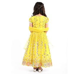 Babyhug Woven Half Sleeves Choli Lehenga Set And Dupatta With Sequin Floral Embroidery & Lace Detailing - Yellow