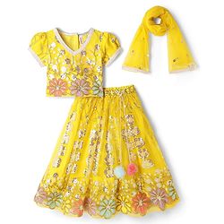 Babyhug Woven Half Sleeves Choli Lehenga Set And Dupatta With Sequin Floral Embroidery & Lace Detailing - Yellow