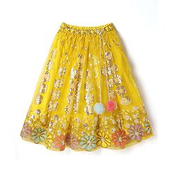 Babyhug Woven Half Sleeves Choli Lehenga Set And Dupatta With Sequin Floral Embroidery & Lace Detailing - Yellow