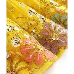 Babyhug Woven Half Sleeves Choli Lehenga Set And Dupatta With Sequin Floral Embroidery & Lace Detailing - Yellow