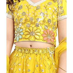 Babyhug Woven Half Sleeves Choli Lehenga Set And Dupatta With Sequin Floral Embroidery & Lace Detailing - Yellow