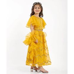 Babyhug Woven Flutter Sleeves Choli Lehenga Set With Dupatta Embroidery And Mirror Work- Mustard