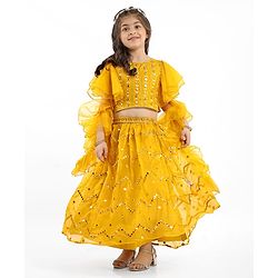 Babyhug Woven Flutter Sleeves Choli Lehenga Set With Dupatta Embroidery And Mirror Work- Mustard