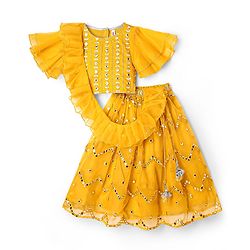Babyhug Woven Flutter Sleeves Choli Lehenga Set With Dupatta Embroidery And Mirror Work- Mustard