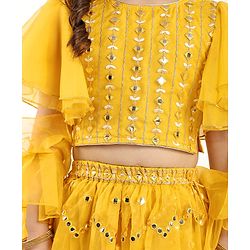 Babyhug Woven Flutter Sleeves Choli Lehenga Set With Dupatta Embroidery And Mirror Work- Mustard