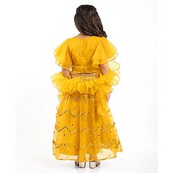 Babyhug Woven Flutter Sleeves Choli Lehenga Set With Dupatta Embroidery And Mirror Work- Mustard