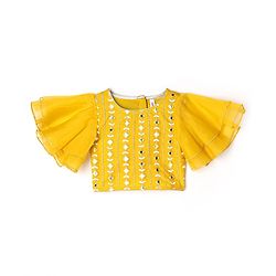 Babyhug Woven Flutter Sleeves Choli Lehenga Set With Dupatta Embroidery And Mirror Work- Mustard