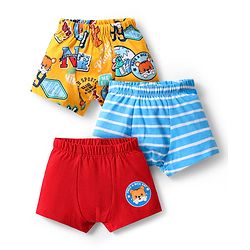 Babyhug 100% Cotton Single Jersey Knit Trunk With Stripes & Animal Print Pack Of 3 - Red Light Blue & Yellow