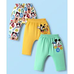 Babyhug Disney Interlock Knit Full Length Diaper Leggings with Mickey & Friends Graphic Pack of 3 - White Yellow & Light Green