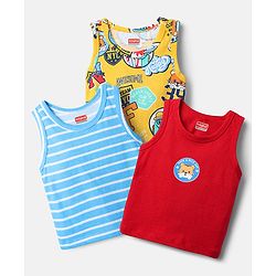 Babyhug 100% Cotton Single Jersey Knit Sleeveless Vests With Stripes & Animal Print Pack Of 3 - Red Light Blue & Yellow