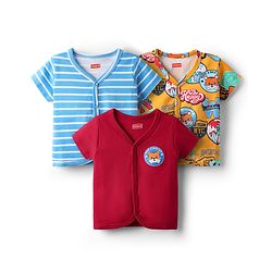 Babyhug 100% Cotton Knit Half Sleeves Front Open Jhablas With Stripes & Animal Print Pack Of 3 - Red & Yellow