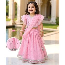 Babyhug Woven Frill Sleeves Choli Lehenga Set With Sequin Detailing & Dupatta - Pink