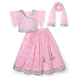 Babyhug Woven Frill Sleeves Choli Lehenga Set With Sequin Detailing & Dupatta - Pink