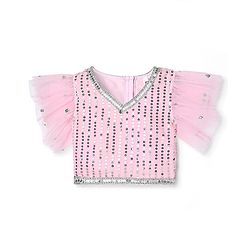 Babyhug Woven Frill Sleeves Choli Lehenga Set With Sequin Detailing & Dupatta - Pink
